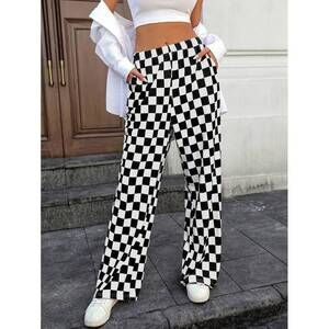 INAWLY Women's Checkerboard Pocket Decor Straight Loose Casual Pants Fall Cloth